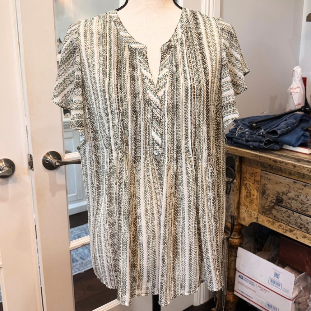 Liverpool Los Angeles Striped Boho Peasant Top Blouse Neutral Flutter Sleeve XL